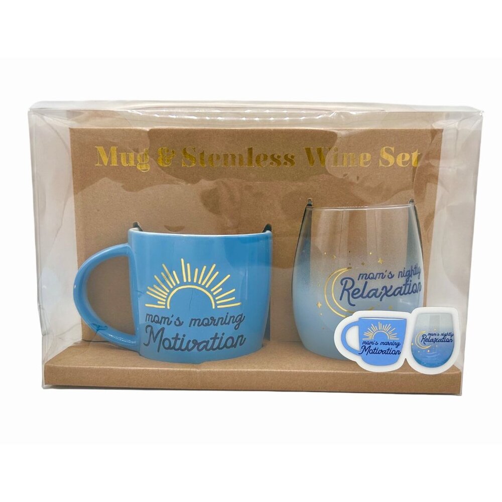 NIB MOM'S MORNING MOTIVATION NIGHTLY RELAXATION CERAMIC MUG STEMLESS WINE GLASS